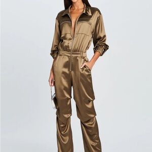 NWT Retrofete Satin Robin Jumpsuit | military green/ bronze color | M | $598